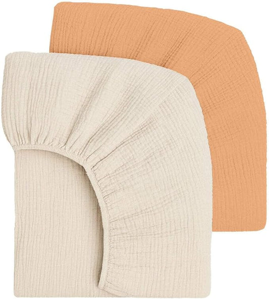 Mère & Moi Muslin Fitted Crib Sheets – 100% Cotton, Ultra-Soft & Breathable Baby Bedding for Standard Crib & Toddler Mattress (28” x 52”) - 2 Pack (Peach and Sand)