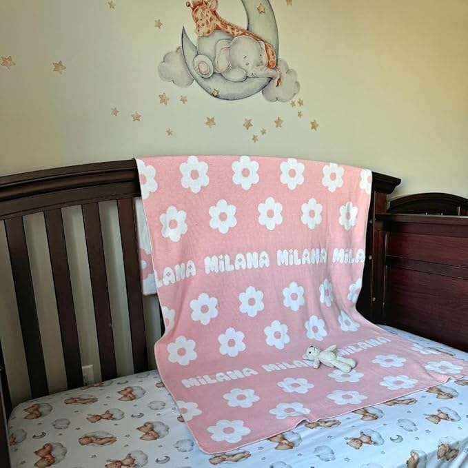 Personalized Icon Pattern Blanket – 100% Organic Cotton Customized Baby Blanket, Custom Name, Bassinet 30x40, Gift for Baby Shower, Birthday Present, Girls and Boys, Toddlers Kids, Made In America