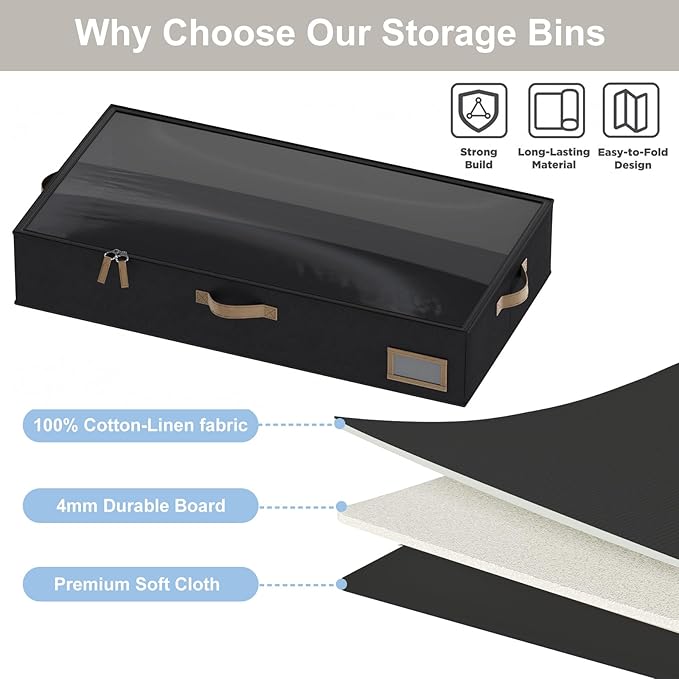 COYACOOL Under Bed Storage, Under Bed Storage Containers Bins for Clothes, Large Linen Underbed Closet Organization Bins, 2 Pack Collapsible Underbed Bin Dorm for Clothes, Sweater, Black