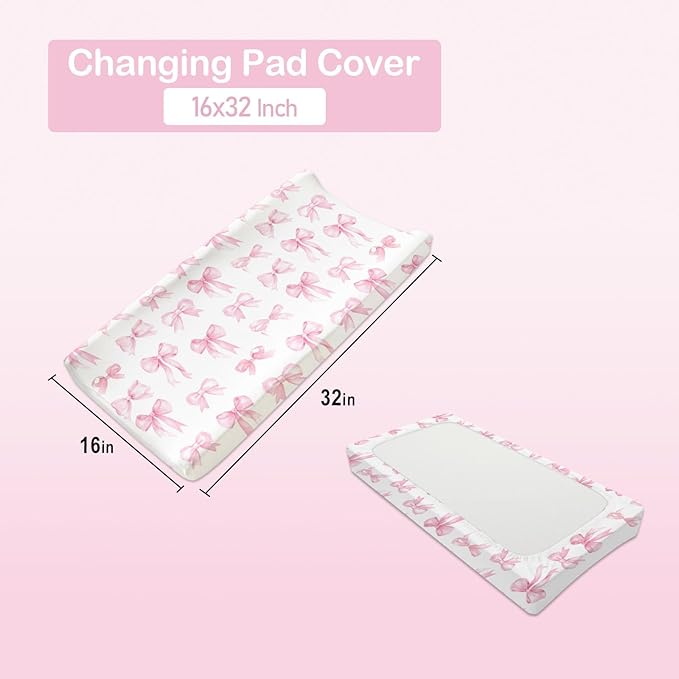 Personalized Baby Crib Bedding Set – Custom Name 4 Pcs Pink Bow Nursery Set with Minky Blanket, Fitted Sheet, Pad Cover & Rug, Soft Bedding for Girls, Ideal Shower Gift for Baby, New Parents