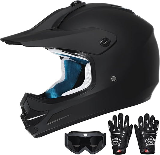 Youth Dirt Bike Helmet DOT Certified - Full Face Motorcycle Helmet for Off-Road, ATV, Street Riding, Includes Adjustable Goggles & Protective Gloves