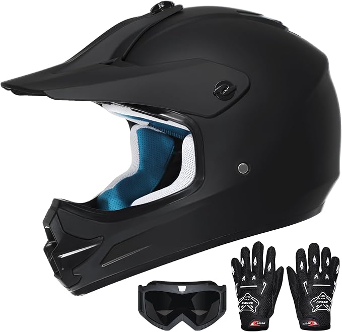 Youth Dirt Bike Helmet DOT Certified - Full Face Motorcycle Helmet for Off-Road, ATV, Street Riding, Includes Adjustable Goggles & Protective Gloves