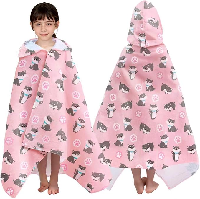 VOOVA & MOVAS Kids Hooded Beach Towel (3-8 Years) – 100% Cotton Soft Bath & Swim Towel (30"x50"), Quick Dry Absorbent, Cute Dog Design for Girls – Perfect for Pool, Beach, Bath