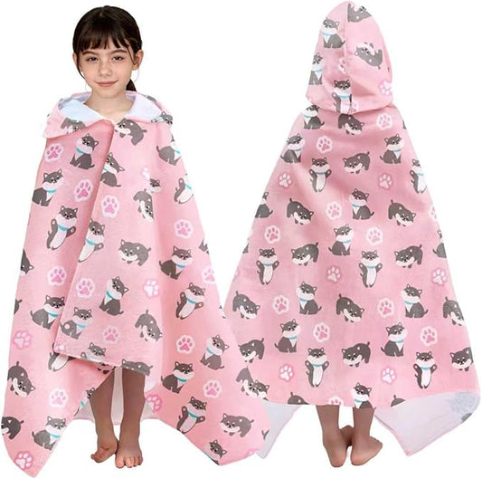 VOOVA & MOVAS Kids Hooded Beach Towel (3-8 Years) – 100% Cotton Soft Bath & Swim Towel (30"x50"), Quick Dry Absorbent, Cute Dog Design for Girls – Perfect for Pool, Beach, Bath