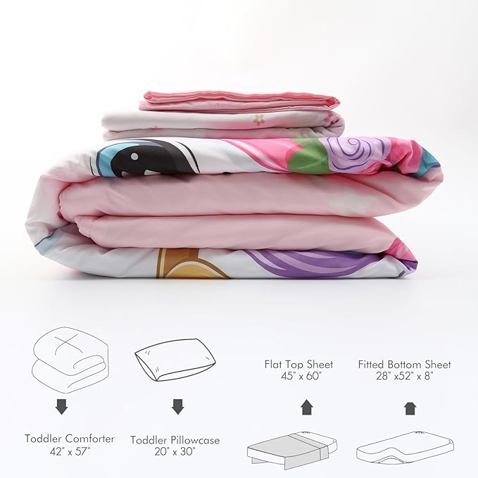 4 Piece Toddler Bedding Set - Ultra Soft Breathable Toddler Bedding Set for Girls, Includes Quilted Comforter, Flat Sheet, Fitted Sheet and Pillowcase(Unicorn)