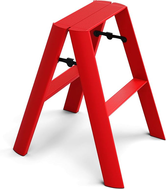HillhutApex 2 Step Stool, Aluminum Foldable Step Ladder, Lightweight Stable Stool with Non-Slip Pedals, 330lbs Capacity Stylish Ladder for Office,Home,Kitchen -Red