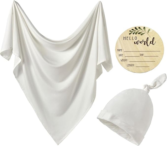 iEvolve Cotton Knitted Baby Swaddle Blanket with Hat Headband Set Newborn Swaddle Wrap Receiving Blankets for Baby Girl Boy 35" x 35"(White)