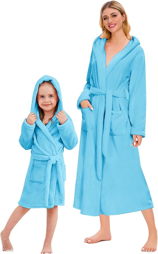 Umeyda Girls & Women Fleece Hooded Robes, Soft Fuzzy Bathrobe Warm Plush Fluffy Bath Robe for Kids Womens