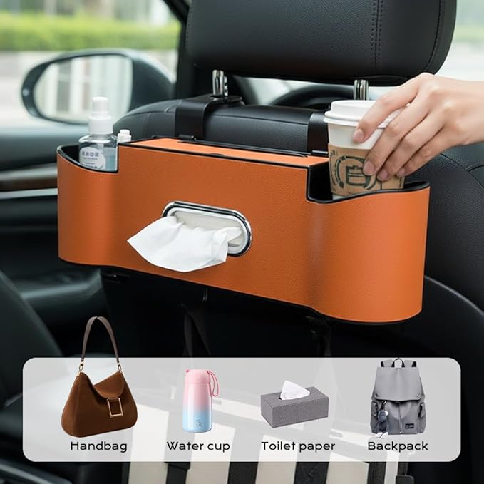 Back Seat Car Organizer with Cup Holder, 2026 New Backseat Car Organizer Back Seat, Multifunctional Car Seat Back Organizer Storage Box with Hooks & Tissue Box, for Drinks, Phone & Handbags (Red)