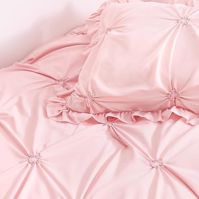 Wowelife Twin Comforter Set for Girls, Boho Pintuck Bedding Comforter Sets, 4 Pieces Ruffles Jacquard Embroidery Twin Bedding Sets with Comforter, Fitted Sheet, Flat Sheet and Pillowcase, Pink