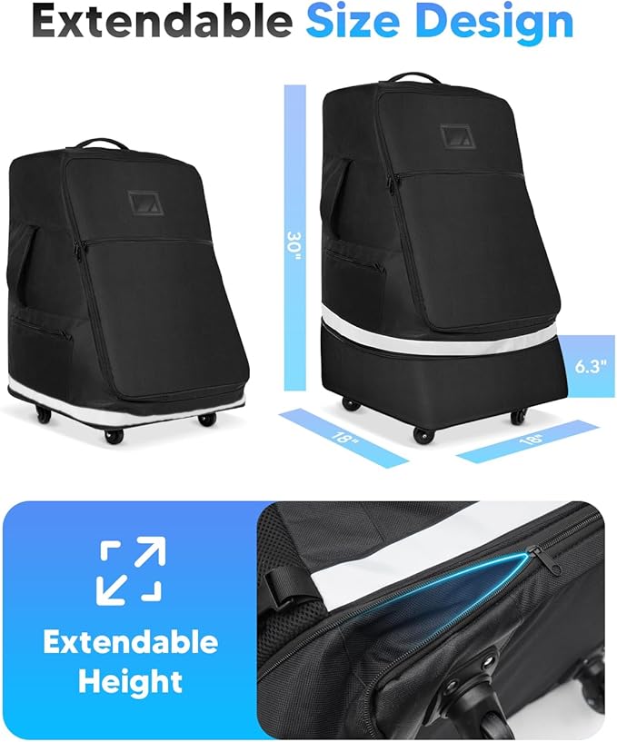 Automiim Car Seat Travel Bag for Airplane with Swivel Wheel, Extendable Height Padded Carseat Travel Backpack Large Storage Bag, Baby Infant Booster Seat Bags for Air Travel