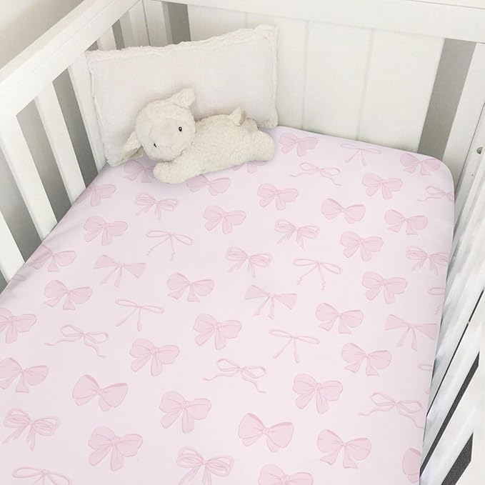 Pastel Pink Bows Baby Crib Sheets for Boys Girls Preppy Girly Ribbons Soft Snug Fitted Crib Mattress Covers for 52''x28'' Standard Crib & Toddler Mattress Cute Valentine Bows Nursery Bed Sheets