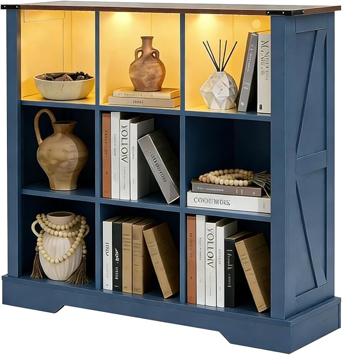 Puntogen 9 Cube Storage Organizer, Wood Cube Bookshelf with LED Lights, Horizontal Storage Cubes, Kids Bookshelf, Display Cabinet Cubby Shelf for Living Room Home Office Bedroom，Navy Blue