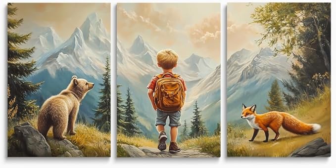 Explorers' Escape Framed Canvas Art Set of 3, Boy's Adventure with Bear & Fox Prints, Mountainous Landscape Kids Room Decor, Woodland Animal Wall Art for Children's Nursery, Framed 16"x24"