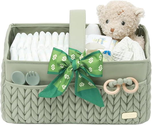 LUKJOJO Luxurious Baby Diaper Caddy, Nursery Storage Basket for Newborn Essentials, Travel Baby Basket for Diapers Baby Wipes, Organizer Tote Bag Storage Bin, Baby Shower Gifts(Sage Green)