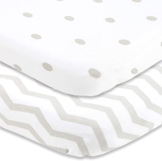 Cuddly Cubs Pack and Play Sheets Fitted – for Graco Pack n Play Playard – 2 Pack – Snuggly Soft Jersey Cotton Mini Crib Mattress Sheets Set for Baby Boy, Girl – Grey Polka Dots, Chevron