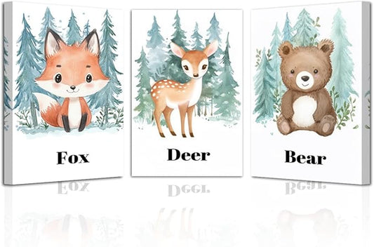 LZIMU Nursery Animal Canvas Wall Art 3 Pieces Cute Animal Baby Picture Prints Woodland Nursery Painting for Kids Boy Girls Room Decor Framed (Green, 24x36inchx3 Pieces)