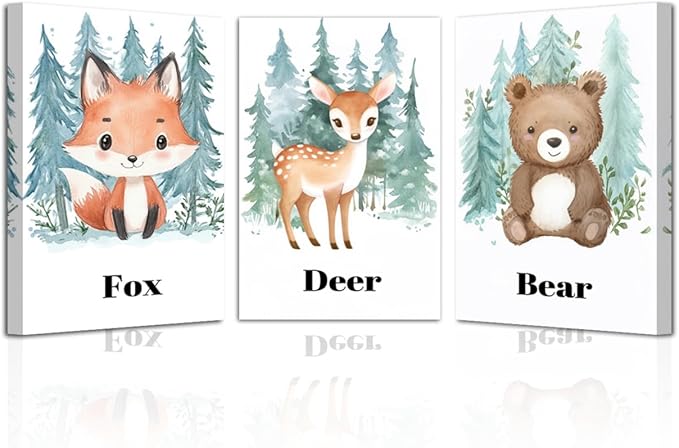 LZIMU Nursery Animal Canvas Wall Art 3 Pieces Cute Animal Baby Picture Prints Woodland Nursery Painting for Kids Boy Girls Room Decor Framed (Green, 16x24inchx3 Pieces)