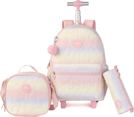 kingdisen Pink Rolling school backpack for girls with Lunch Box 3pc Set(QUILTED PINK)