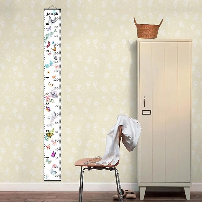 Personalized Growth Chart for Kids, Baby Height Chart with Custom Name, 77"x7.9" Canvas & Black Wood Height Measuring Rulers for Boys Girls Removable Wall Ruler Hanging for Nursery Decor - Butterfly