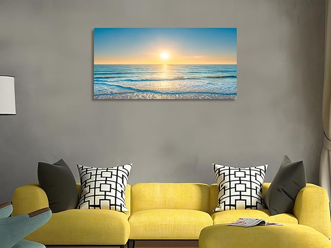 KUNHAAH Wall Art Canvas Painting Blue Sea Beautiful Seascape 1 Piece Ocean Sunset Waves Picture Poster Print Framed and Stretched Ready to Hang for Living Room Bedroom Artework