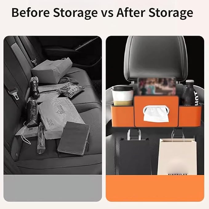 Back Seat Car Organizer,2026 New 4 in 1 Multifunctional Car Back Seat Storage Box with Drink Cup Holder Tissue Box, Car Seat Gap Filler Organizer for Hold Phone,Snacks, Drinks, Handbag (Orange)