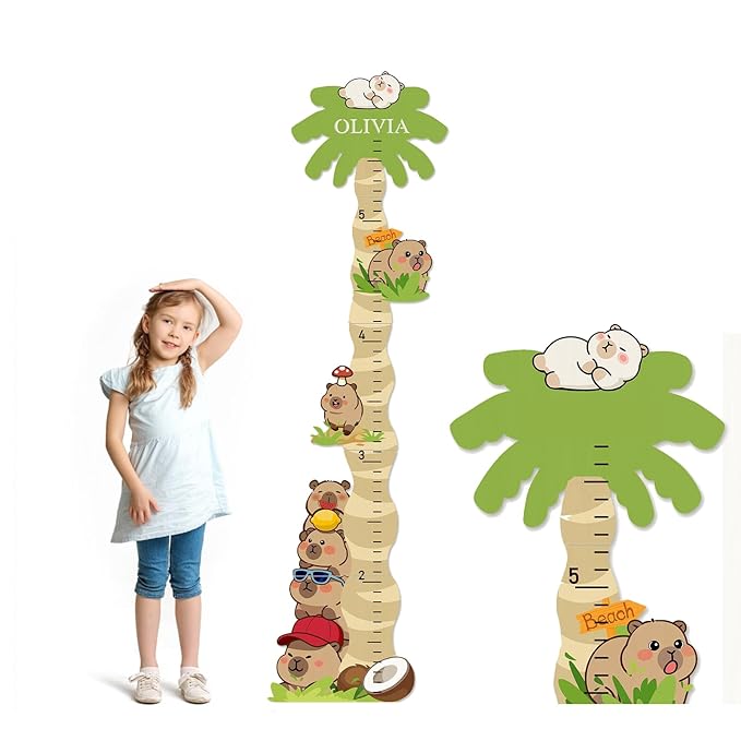 Woodemon Personalized Name Growth Chart for Wall, Cute Capybara Wood Height Chart for Kids, Boy Girls Height Measurement Growth Measuring Ruler, Toddler Children Playroom Decor