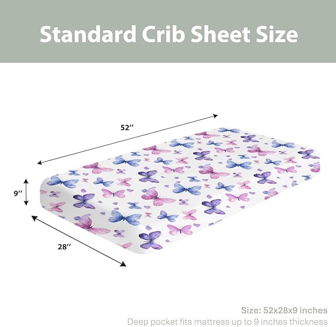 Purple and Pink Butterflies Baby Crib Sheets for Boy Girl 52x28 Watercolor Butterflies Soft Stretchy Fitted Crib Mattress Cover Colorful Butterflies Baby Sheet for Standard Crib and Toddler Mattress