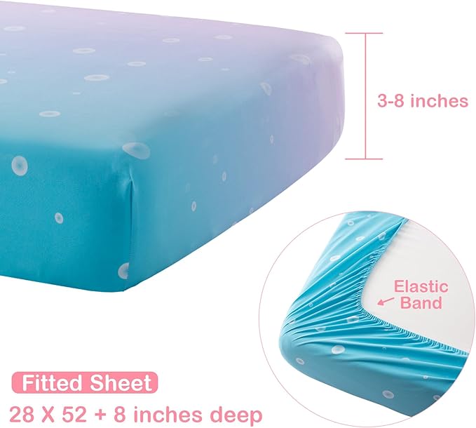 4 Pieces Crib Bedding Set for Baby Boys Girls, Infant Toddler Nursery Baby Bedding Sets Includes Cartoon Quilt, Fitted Crib Sheet, Crib Skirt and Plush Mermaid Toy