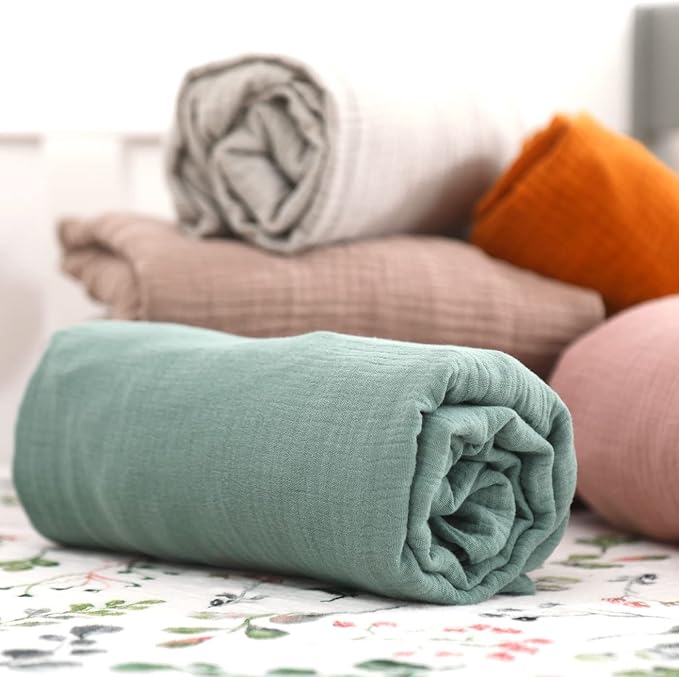 GRSSDER Soft Muslin Crib Sheet 2 Pack, 100% Cotton Crib Sheets for Boys and Girls, Fit Standard Crib Mattresses 52" x 28" Safe and Snug, Light Gray/Roman Green