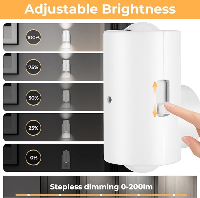 LED Night Light Plug in, Modern Plug-into Wall NightLight, Adjustable 0-200LM Brightness,Daylight 5000K,Dimmable Night Lights for Hallway Bedroom Stairway, Kitchen, Dusk to Dawn Sensor,4 Pack