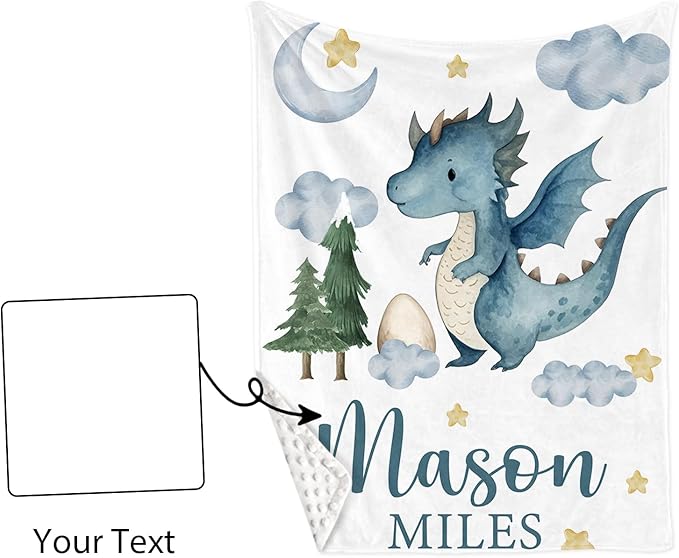 Custom Name Crib Bedding Set 3-Piece – Blue Dinosaur Design Baby Bedding Set with Personalized Soft Blanket, Fitted Sheet, Changing Pad Cover – Ideal Newborn Gift for Boys and Girls