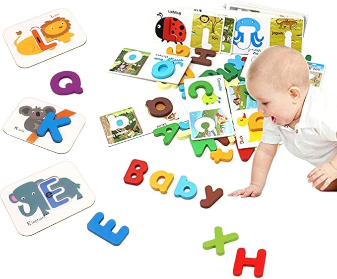 26 Pcs Wooden Letters Card Numbers Alphabets ABC Flash Cards Set Animal Color Cognition Matching Puzzle Game