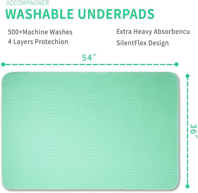 Accompagner Waterproof Reusable for Adults and Pets Washable Pee Pads for Dogs Changing Pad Large Dog Bed Size Adults Incontinence Bed Pads - Non-Slip Leak-Proof (Green, 4Pack-36" x54")
