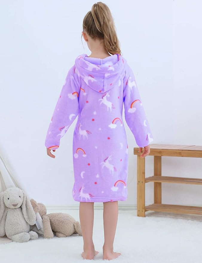 Girls Fleece Hooded Robes, Kids Soft Premium Fuzzy Bathrobe for Gifts, 2-12 Years