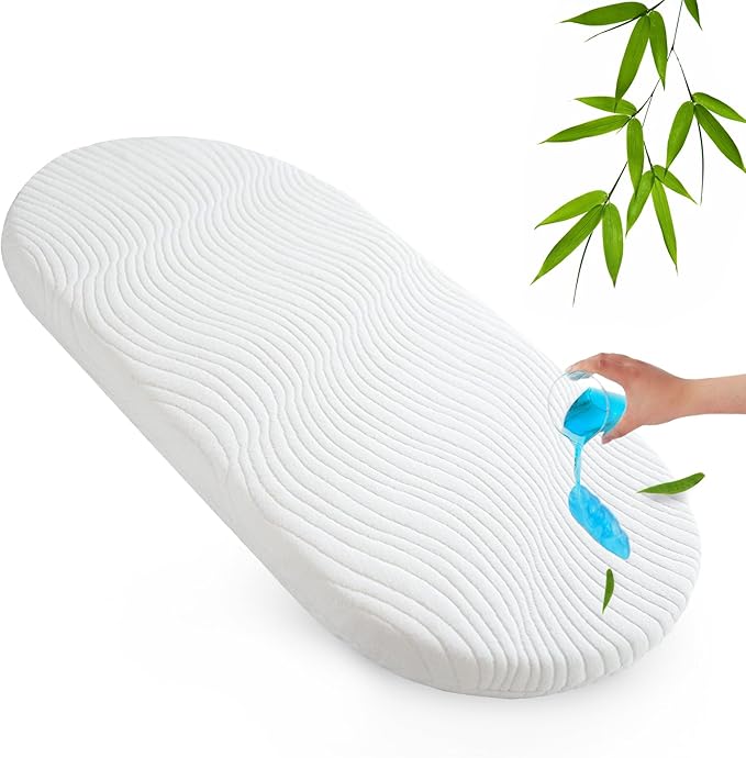 Baby Bassinet Mattress Pad 15" x 30" x 1", Waterproof Oval Replacement Topper with Removable & Washable Mattress Cover Fit for Dream On Me Lacy/Snoo/Moses Basket Baby Bassinet