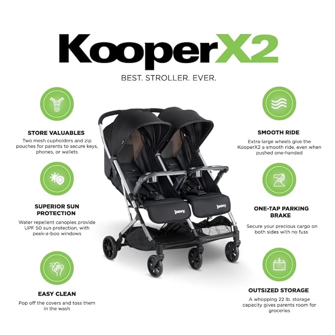 Joovy Kooper X2 Double Stroller, Lightweight Travel Stroller, Compact Fold with Tray, Black