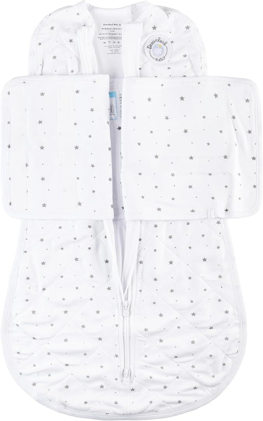Dreamland Baby Viscose Swaddle Blanket (0-6 Months). 1.0 TOG Ultra Soft Swaddle Blanket w/Built in Band. 97% Viscose, 3% Spandex (White with Grey Stars). Mom-Owned US Business, Premium Materials