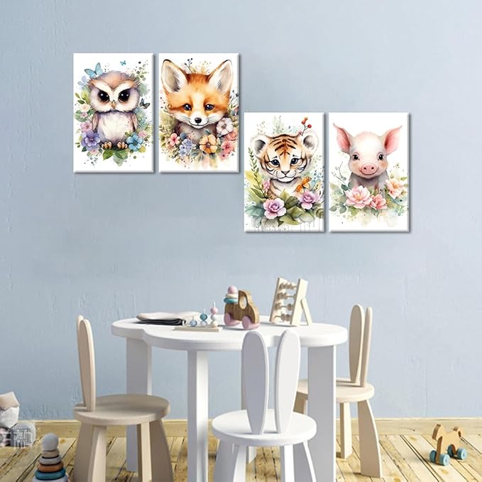 NAMENLAIMI Animal Wall Art Canvas Cute Owl Fox Tiger Pig Picture Prints Nursery Animals Paintings Animal with Flower Pictures Wall Decor for Kids Room Decor Frame(Animal-4,16.00" x 24.00" x 4Pcs)