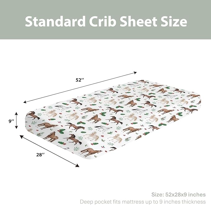 Christmas Horses Baby Crib Sheets for Boy Girl 52"x28" Holiday Animals Cherry Fir Leaves Soft Snug Fitted Crib Mattress Cover Winter Farm Animal Baby Sheet for Standard Crib & Toddler Bed Mattress