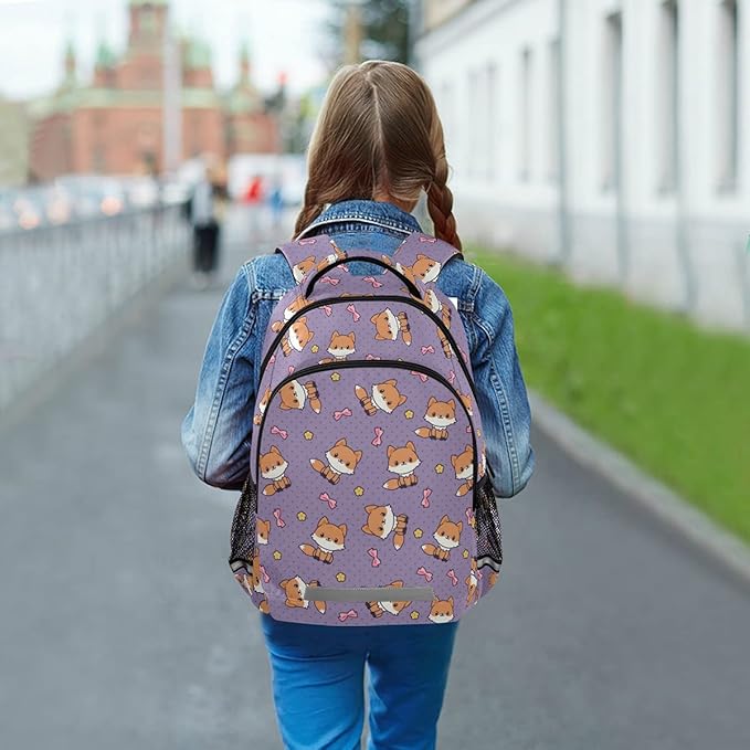 MNSRUU School Backpack with Chest Strap, Cute Cartoon Fox Laptop Backpack, Travel Hiking Backpack for Boys Girls, Rucksack, Knapsack