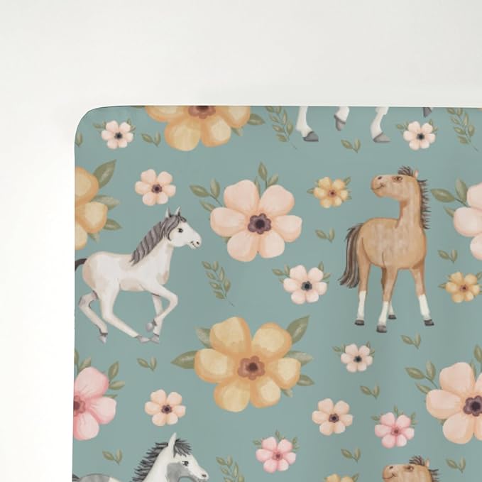 Watercolor Horse Floral Baby Crib Sheets for Boy Girl 52"x28" Running Horses Boho Flowers Soft Snug Fitted Crib Mattress Cover Wild Animals Baby Sheet for Standard Crib & Toddler Bed Mattress Green
