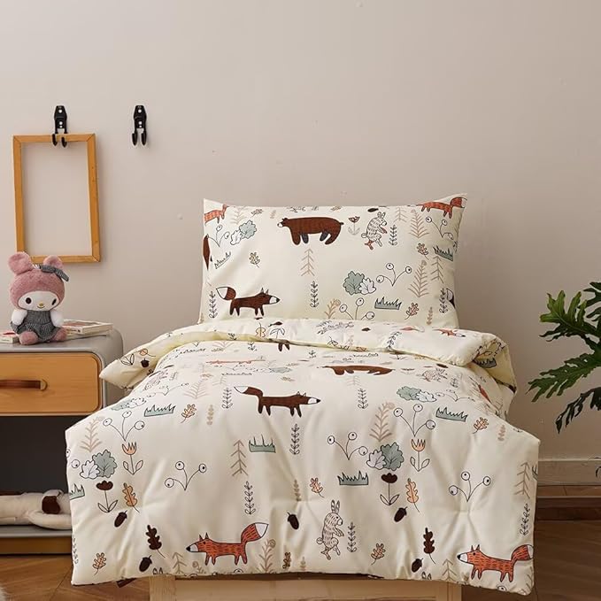 CLOTHKNOW Animal Toddler Bedding Sets for Boys, 4 Pieces Bedding Sets, Yellow Beige Bear Cartoon Pattern, Soft Crib Bed Set Including Comforter, Flat Sheet, Fitted Sheet and Pillowcase