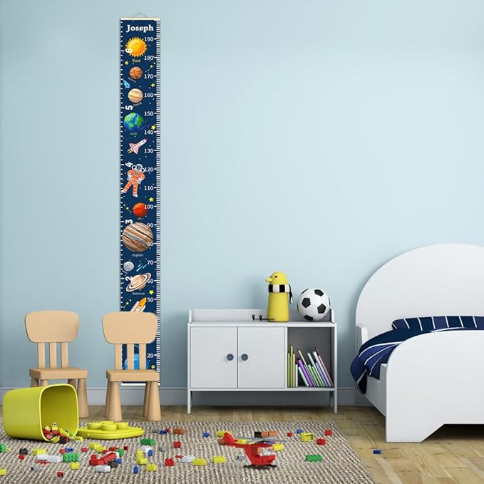 Personalized Growth Chart for Kids, Baby Height Chart with Custom Name, 77"x7.9" Canvas and Beige Wood Height Measuring Rulers for Boys Girls Removable Wall Ruler Hanging for Nursery Decor - Planets