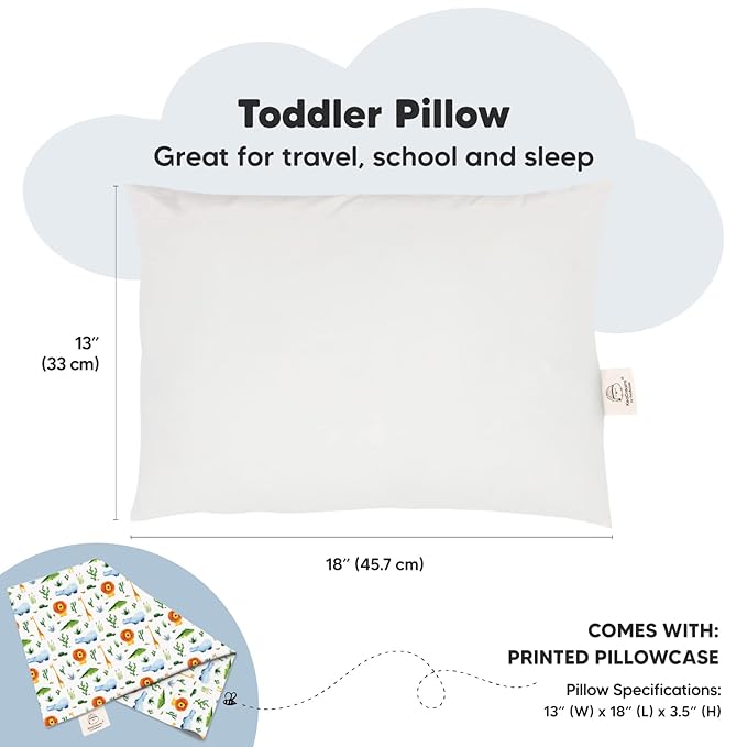 Toddler Pillow with Pillowcase - 13x18 My Little Dreamy Kids Travel Bed Pillows for Sleeping, Organic Cotton Small Pillowcase, Soft & Breathable, Machine Washable, Toddlers 2-5 years old (Zoo)