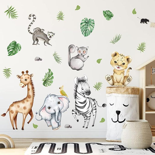 Watercolor Jungle Animal Decals - Forest Safari Elephant Tiger Giraffe Stickers for Baby Nursery, Playroom, Bedroom, Classroom, Kindergarten Wall Decor