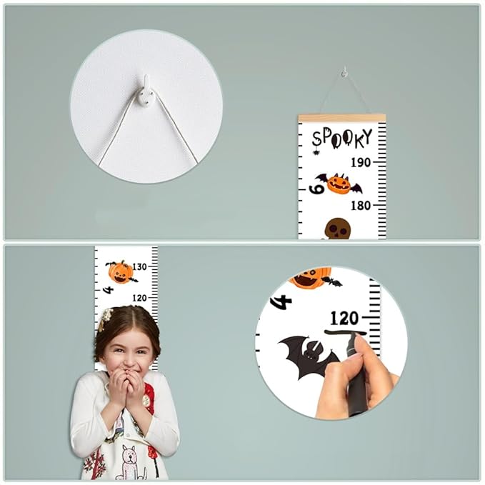 Halloween Baby Height Growth Chart - Canvas Height Chart for Kids Baby Child Toddler Boys Girls Growth Chart for Wall Room Nursery Decor Hangable and Removable Measuring Wall Ruler (B, Black Wood)