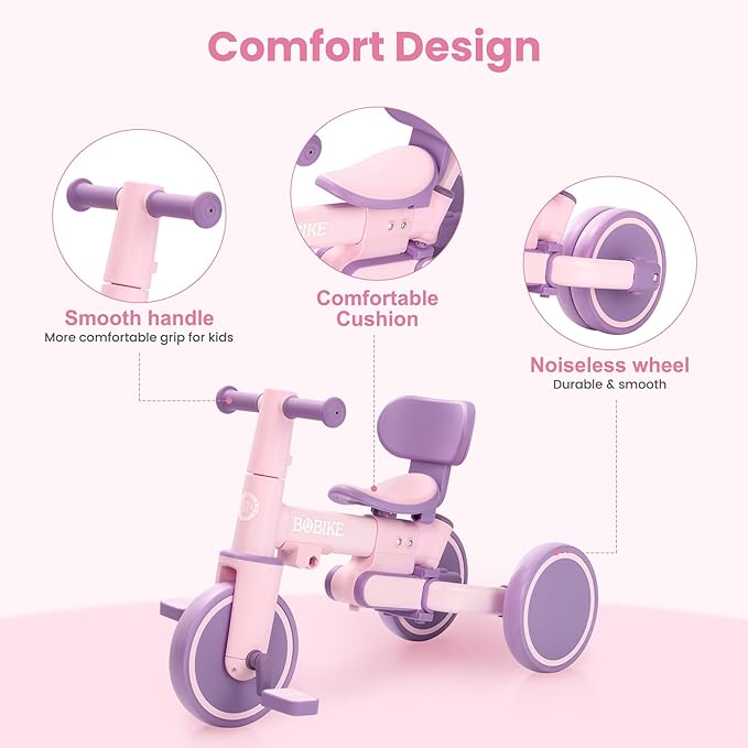 Bobike 5-in-1 Tricycle for Toddlers 18 Months to 5 Years Old, Kids Tricycle with Push Handle and Backrest, Toddler Balance Bike with Easy Assembly for Boys and Girls (Purple)