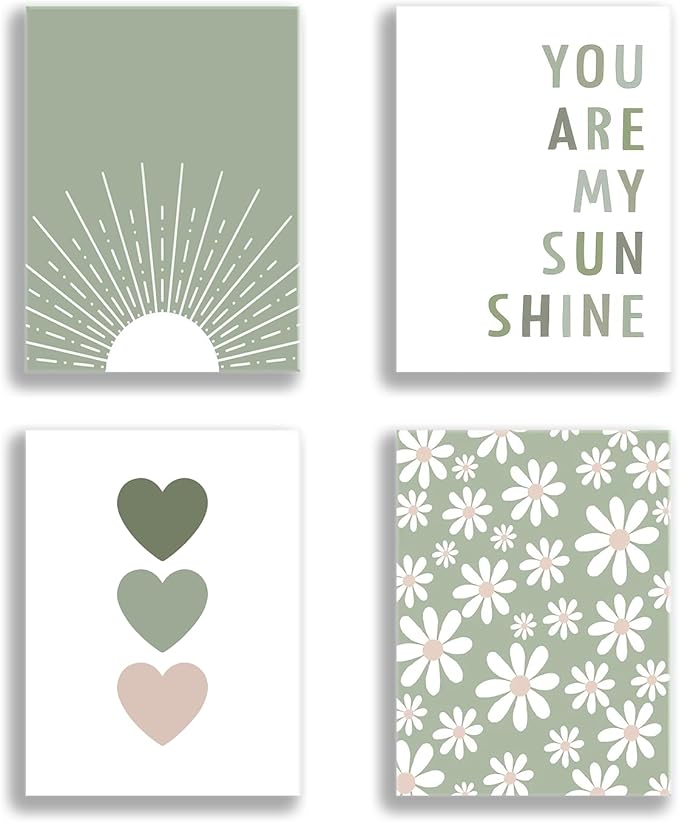 Aglcatie Boho Wall Art Poster Set of 4 Sage Green Nursery Wall Decor “You Are My Sunshine” Canvas Prints Cute Heart & Daisy Flower Posters Baby Girl Room Decor for Kids Bedroom 12x16 Inch Unframed