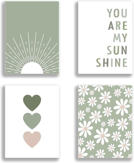 Aglcatie Boho Wall Art Poster Set of 4 Sage Green Nursery Wall Decor “You Are My Sunshine” Canvas Prints Cute Heart & Daisy Flower Posters Baby Girl Room Decor for Kids Bedroom 12x16 Inch Unframed